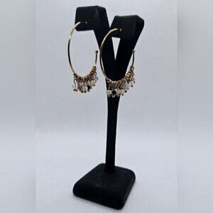 Gold Tone Beaded Hoop Earrings Boho Dangle Charm Crystal Fringe